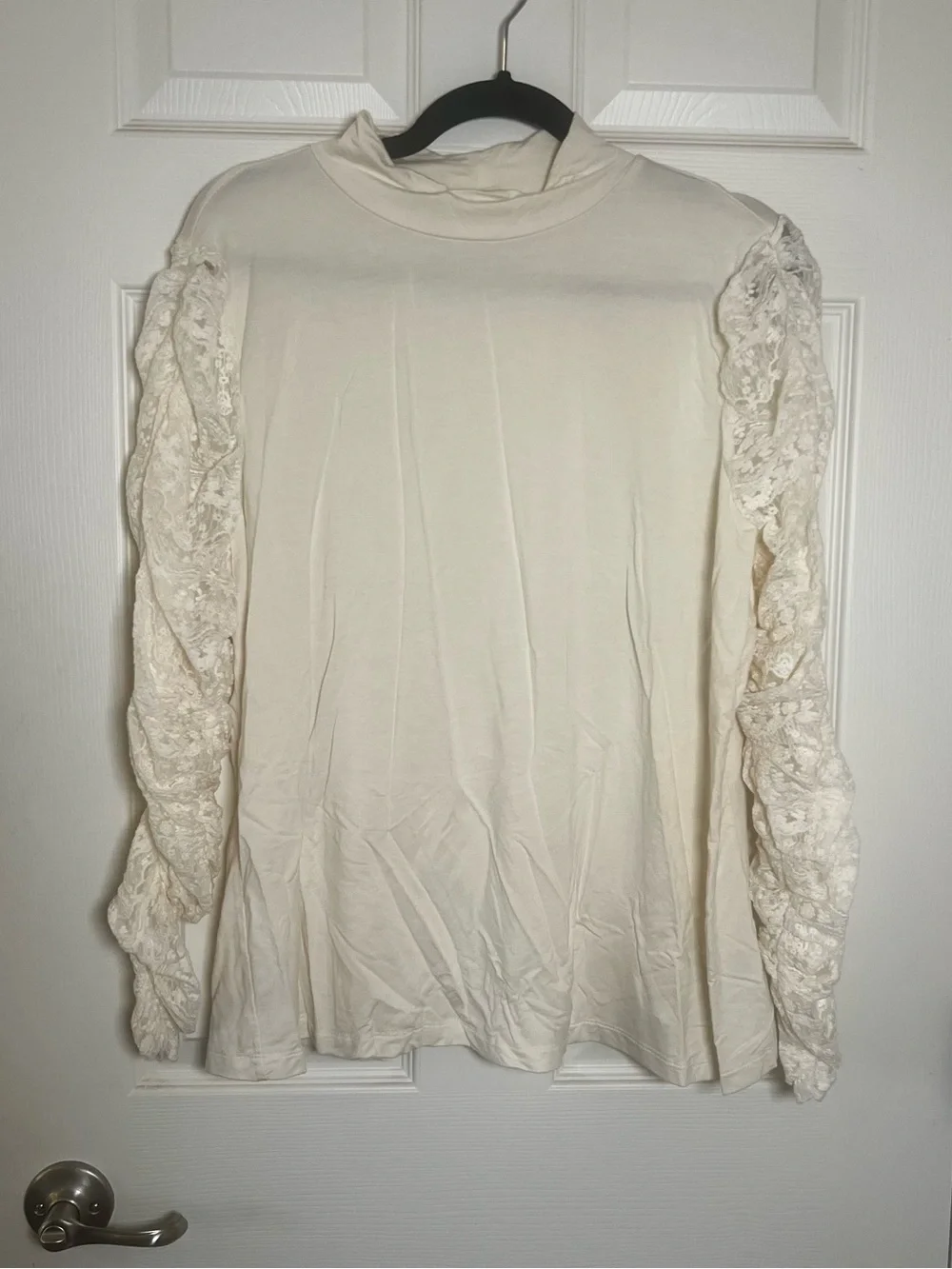 by Anthropologie Cream Lace-Sleeve Turtleneck Top